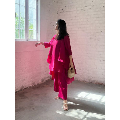 Vaaya The Waterfall Ensemble Overlay with Kurta and Palazzo - Rani Pink (Set of 3)