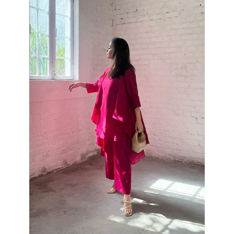Vaaya The Waterfall Ensemble Overlay with Kurta and Palazzo - Rani Pink (Set of 3)