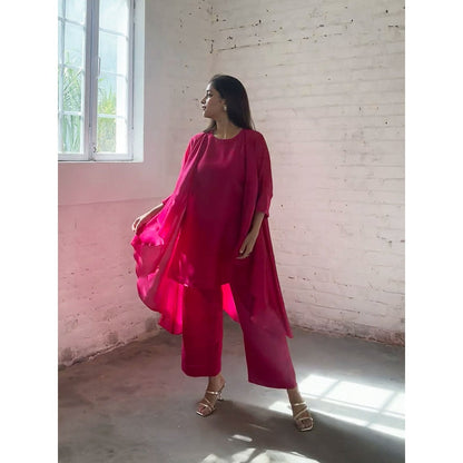 Vaaya The Waterfall Ensemble Overlay with Kurta and Palazzo - Rani Pink (Set of 3)