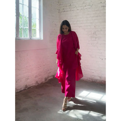 Vaaya The Waterfall Ensemble Overlay with Kurta and Palazzo - Rani Pink (Set of 3)