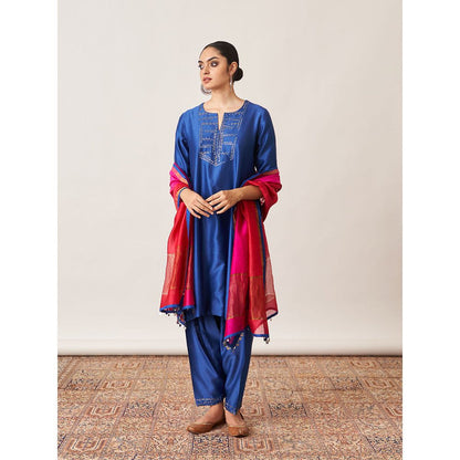 Vaaya Blue Pure Handwoven Silk Chander Kurta with Salwar and Dupatta (Set of 3)