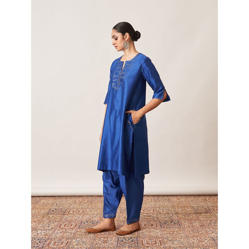 Vaaya Blue Pure Handwoven Silk Chander Kurta with Salwar and Dupatta (Set of 3)