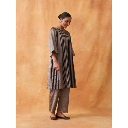 Vaaya Grey Striped Silk Tissue Chander Kurta with Pant (Set of 2)