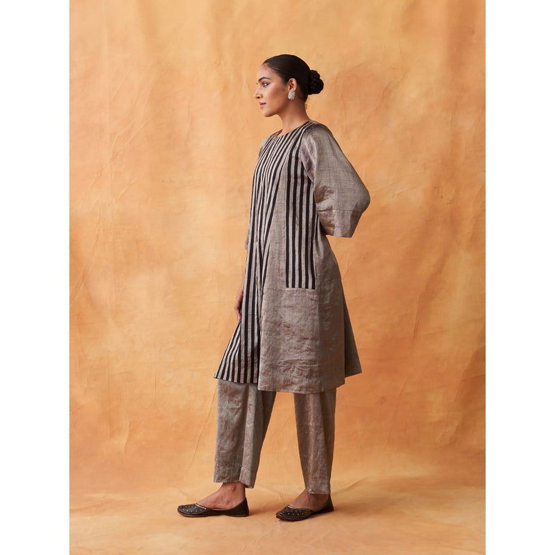 Vaaya Grey Striped Silk Tissue Chander Kurta with Pant (Set of 2)