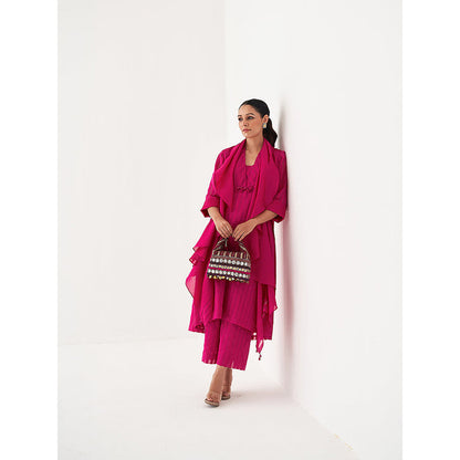 Vaaya Pink Pure Handwoven Silk Kurta with Pant and Scarf (Set of 3)