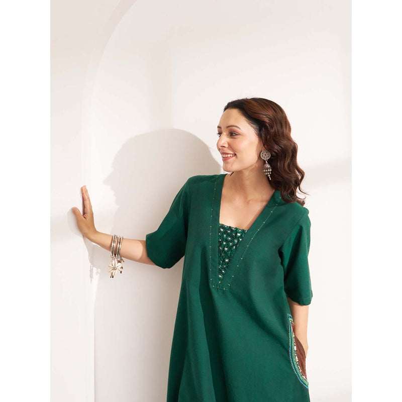 Vaaya Panna Green Handwoven Cotton Kurta With Handwork