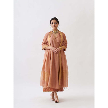 Vaaya Coral Silk Tissue Chanderi Zardozi Pittha Handwork Angrakha Kurta with Pant