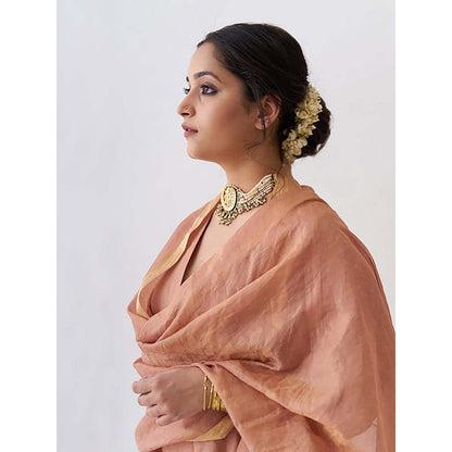 Vaaya Coral Silk Tissue Chanderi Zardozi Pittha Handwork Angrakha Kurta with Pant