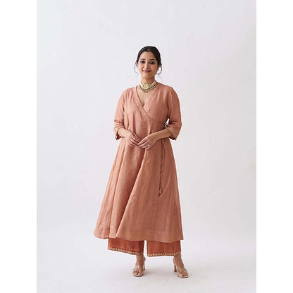 Vaaya Coral Silk Tissue Chanderi Zardozi Pittha Handwork Angrakha Kurta with Pant
