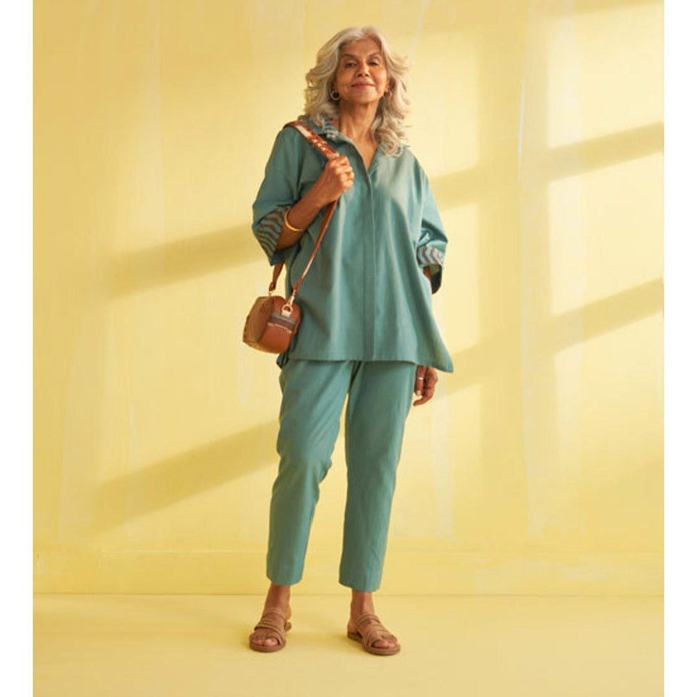 Vaaya Teal Blue Handwoven Cotton and Ikat Co-Ord Set