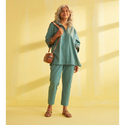 Vaaya Teal Blue Handwoven Cotton and Ikat Co-Ord Set