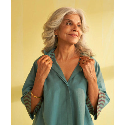 Vaaya Teal Blue Handwoven Cotton and Ikat Co-Ord Set