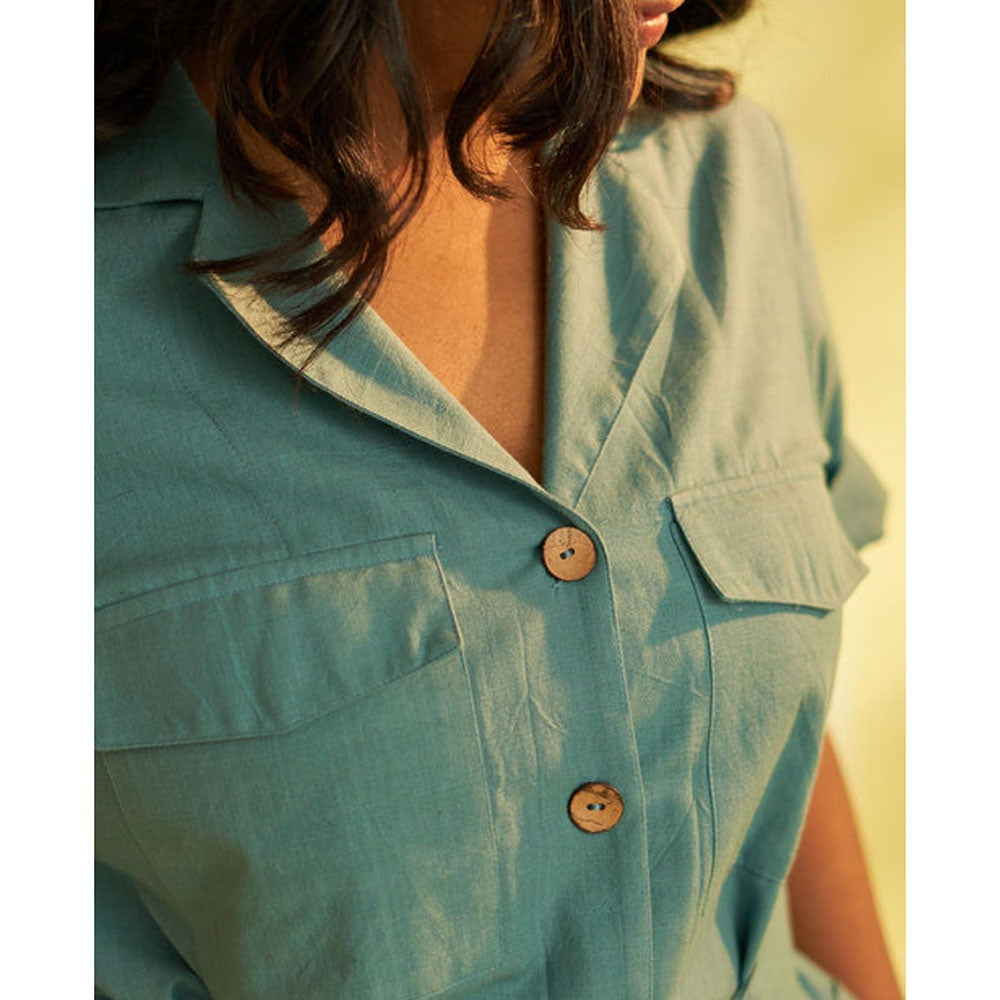 Vaaya Teal Handwoven Cotton Pocket Knee Length Dress with Belt