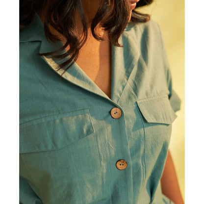 Vaaya Teal Handwoven Cotton Pocket Knee Length Dress with Belt