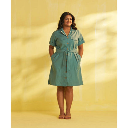 Vaaya Teal Handwoven Cotton Pocket Knee Length Dress with Belt