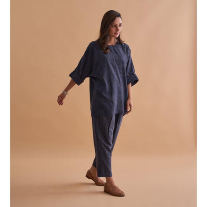 Vaaya Navy Solid Handwoven Cotton Weave Co-Ord Set