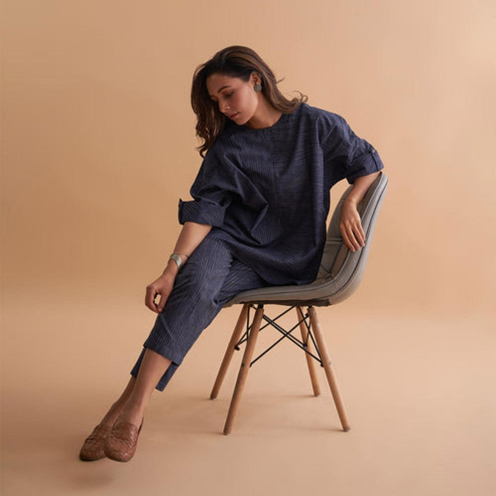 Vaaya Navy Solid Handwoven Cotton Weave Co-Ord Set