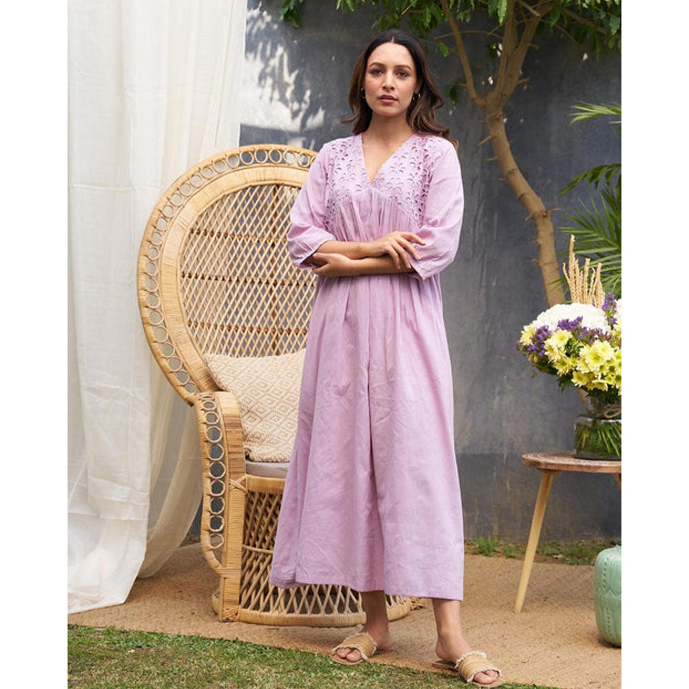 Vaaya Lavender Pure Mul Lace Yoke Maxi Dress