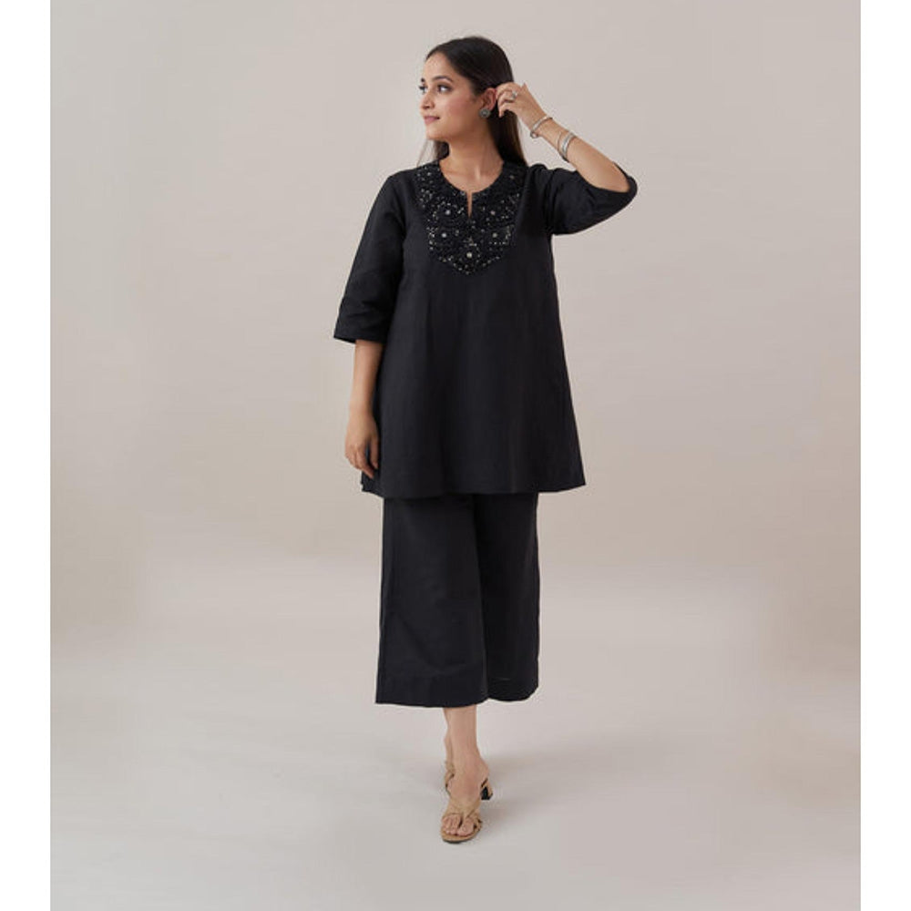 Vaaya The Ink Black Pure Linen with Cut-Fray Handwork Co-Ord Set
