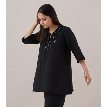 Vaaya The Ink Black Pure Linen with Cut-Fray Handwork Co-Ord Set
