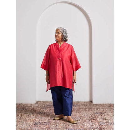 Vaaya Watermelon Red Striped Chanderi Anti-Fit Handwork Top