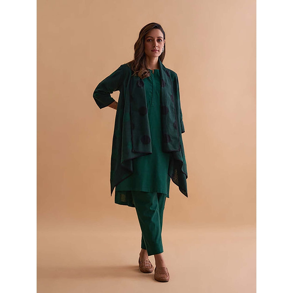Vaaya Emerald Green And Black Handwoven Polka Dot Reversible Cape