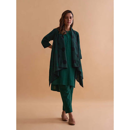 Vaaya Emerald Green And Black Handwoven Polka Dot Reversible Cape