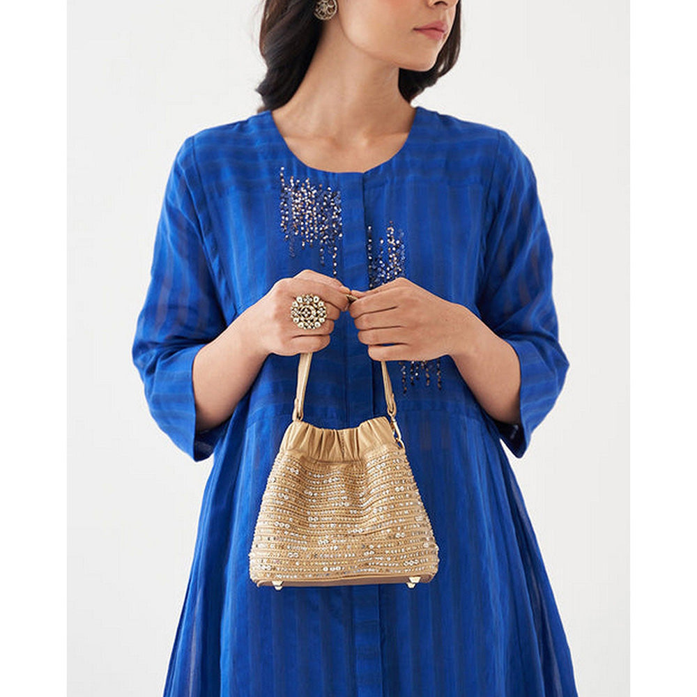 Vaaya Women Blue Leather Bucket Bag with Detachable Strap