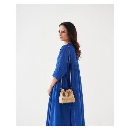 Vaaya Women Blue Leather Bucket Bag with Detachable Strap