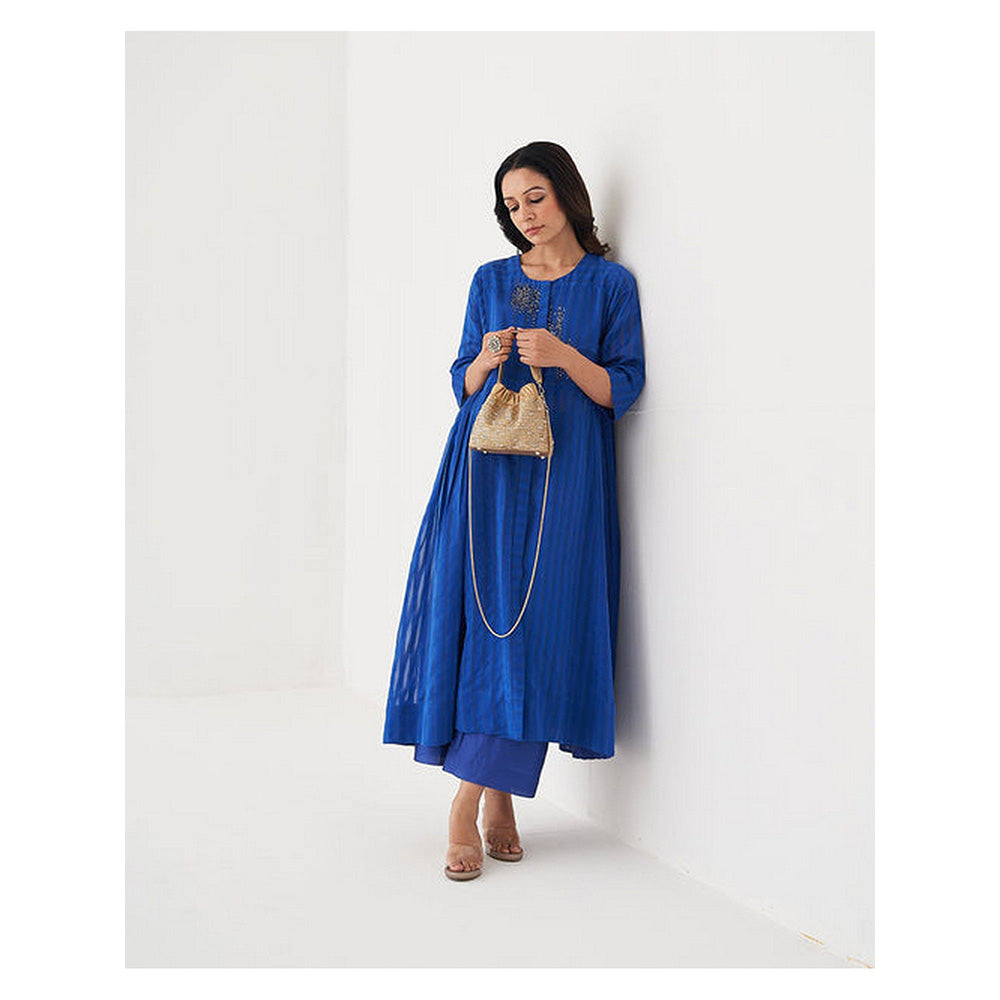 Vaaya Women Blue Leather Bucket Bag with Detachable Strap