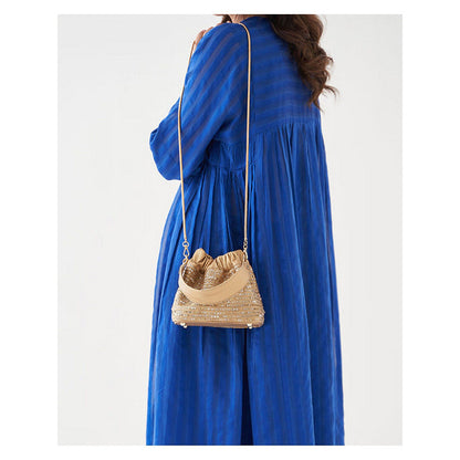Vaaya Women Blue Leather Bucket Bag with Detachable Strap