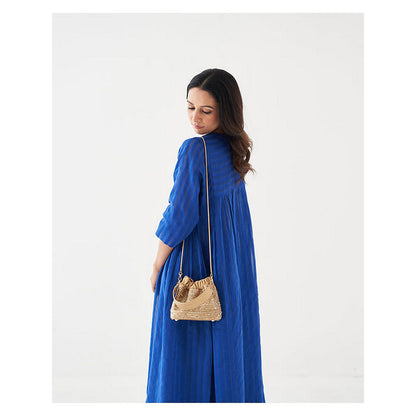 Vaaya Women Blue Leather Bucket Bag with Detachable Strap