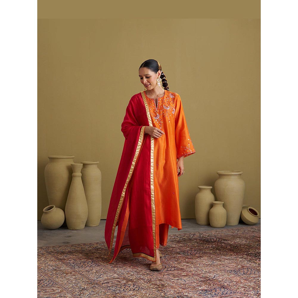 Vaaya The Narangi Silk Chanderi Orange Kurta With Pant And Dupatta