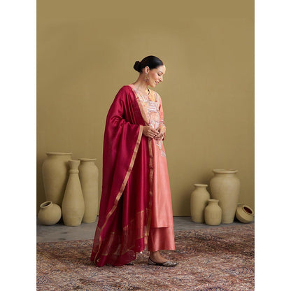 Vaaya The Silk Chanderi Peach Kurta With Pant And Dupatta
