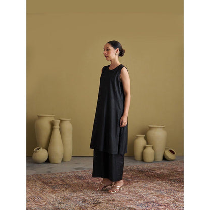 Vaaya Silk Cotton Black Kurta With Pant And Jacket