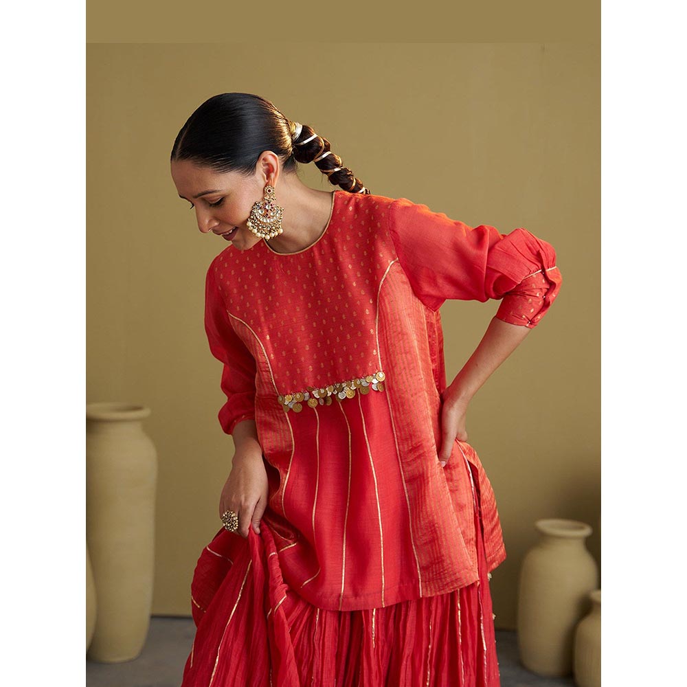 Vaaya The Alta Red Silk Chanderi and Banarasi Top with Handwork
