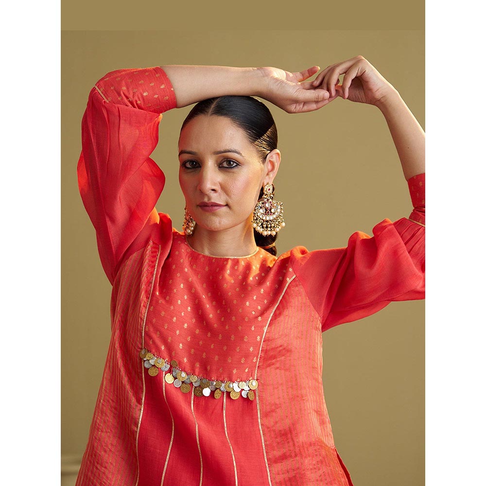 Vaaya The Alta Red Silk Chanderi and Banarasi Top with Handwork