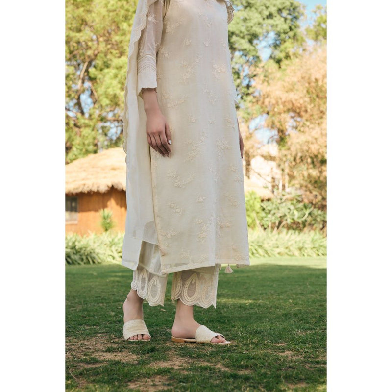 Vaayu White Ecru Embroidered Kurta with Pant and Dupatta (Set of 3)