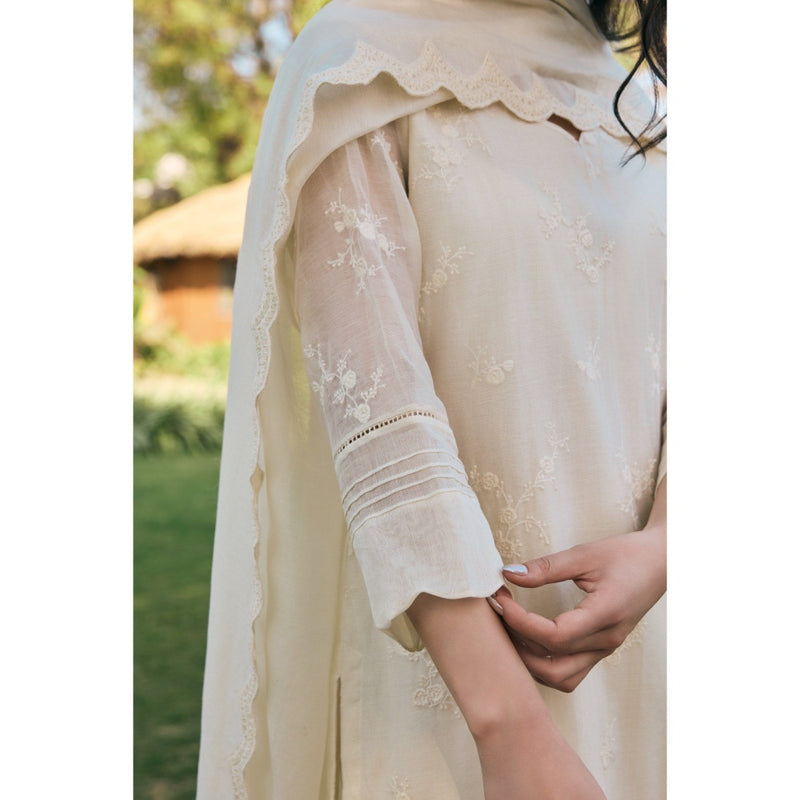 Vaayu White Ecru Embroidered Kurta with Pant and Dupatta (Set of 3)