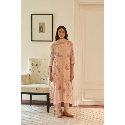 Vaayu Pink Magnolia Applique Embroidered Kurta with Pant and Dupatta