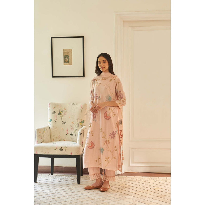 Vaayu Pink Magnolia Applique Embroidered Kurta with Pant and Dupatta