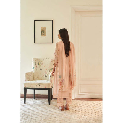 Vaayu Pink Magnolia Applique Embroidered Kurta with Pant and Dupatta