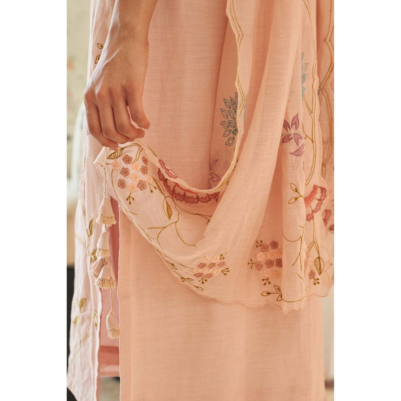 Vaayu Pink Magnolia Applique Embroidered Kurta with Pant and Dupatta