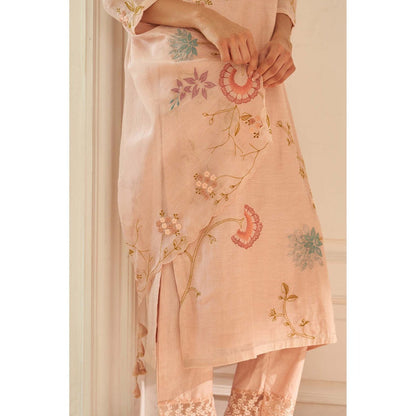Vaayu Pink Magnolia Applique Embroidered Kurta with Pant and Dupatta