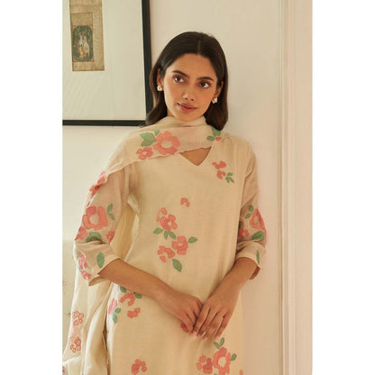 Vaayu Beige Ecru Applique Kurta with Pant and Dupatta