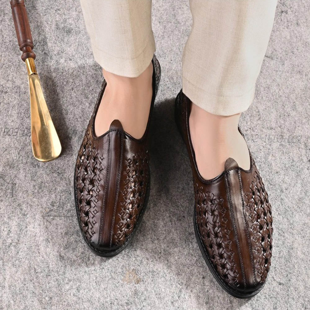 Valentino Men Premium Leather Ethnic Handwoven Slip-On Loafers