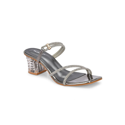 Valentino Women Gunmetal Rhinestone Strappy Block Heel Sandal