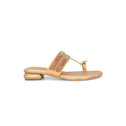 Valentino Women Beige Gold Beaded Toe Ring Flat Sandal