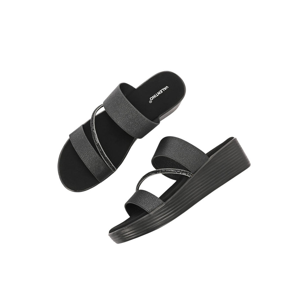 Valentino Women Black double Strap Wedge Sandals