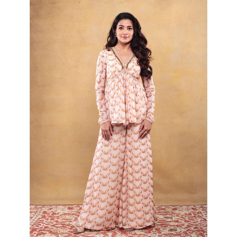 Vama Asher Blush Motif Peplum Beige Kurti With Palazzo (Set of 2)